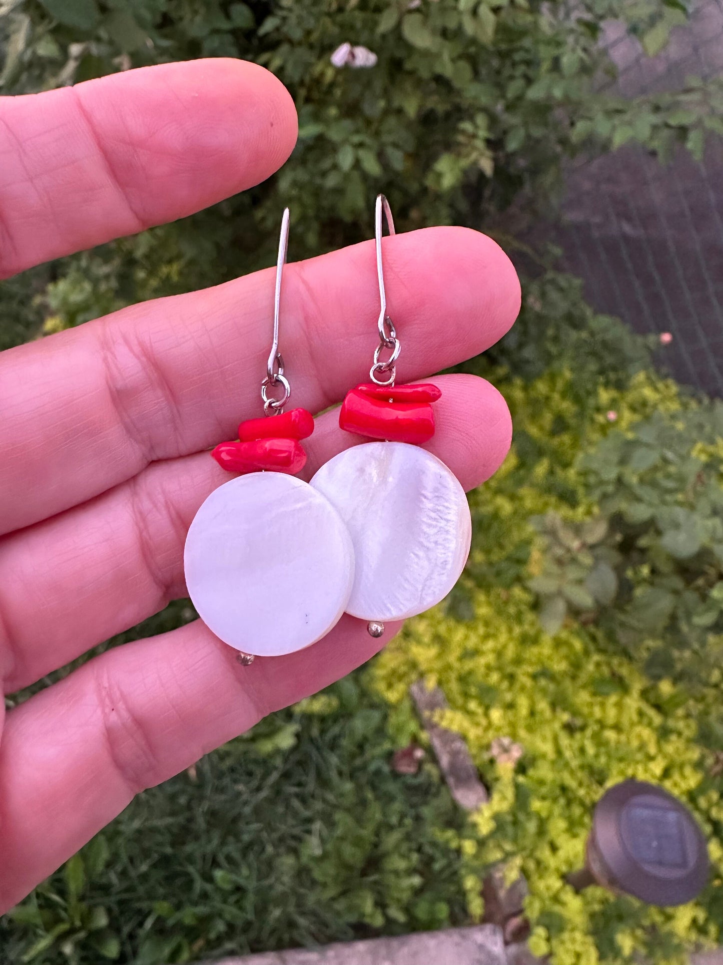 Mother of pearl and coral earrings