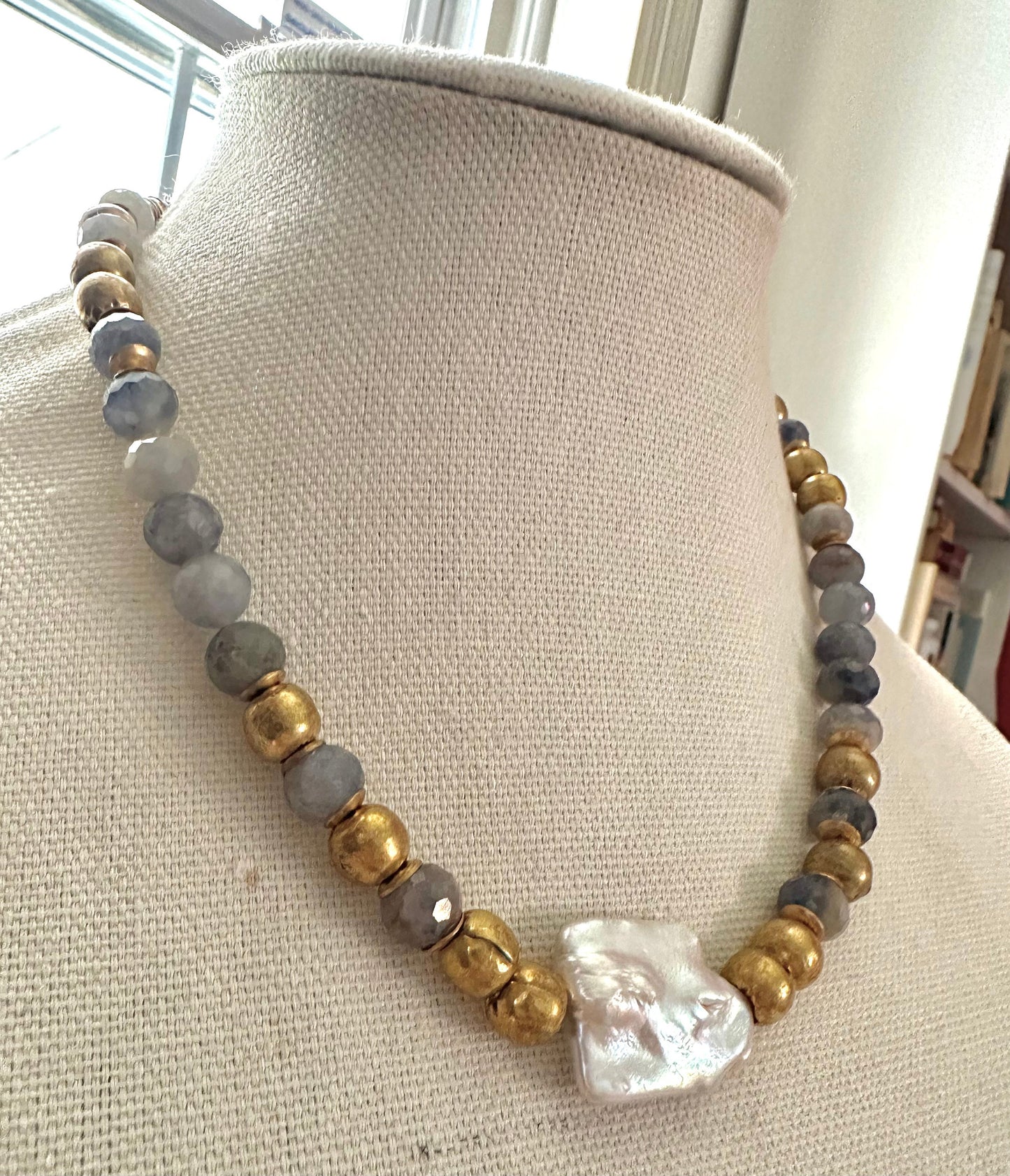 Natural Baroque pearl, micro faceted Lolite and Brass necklace