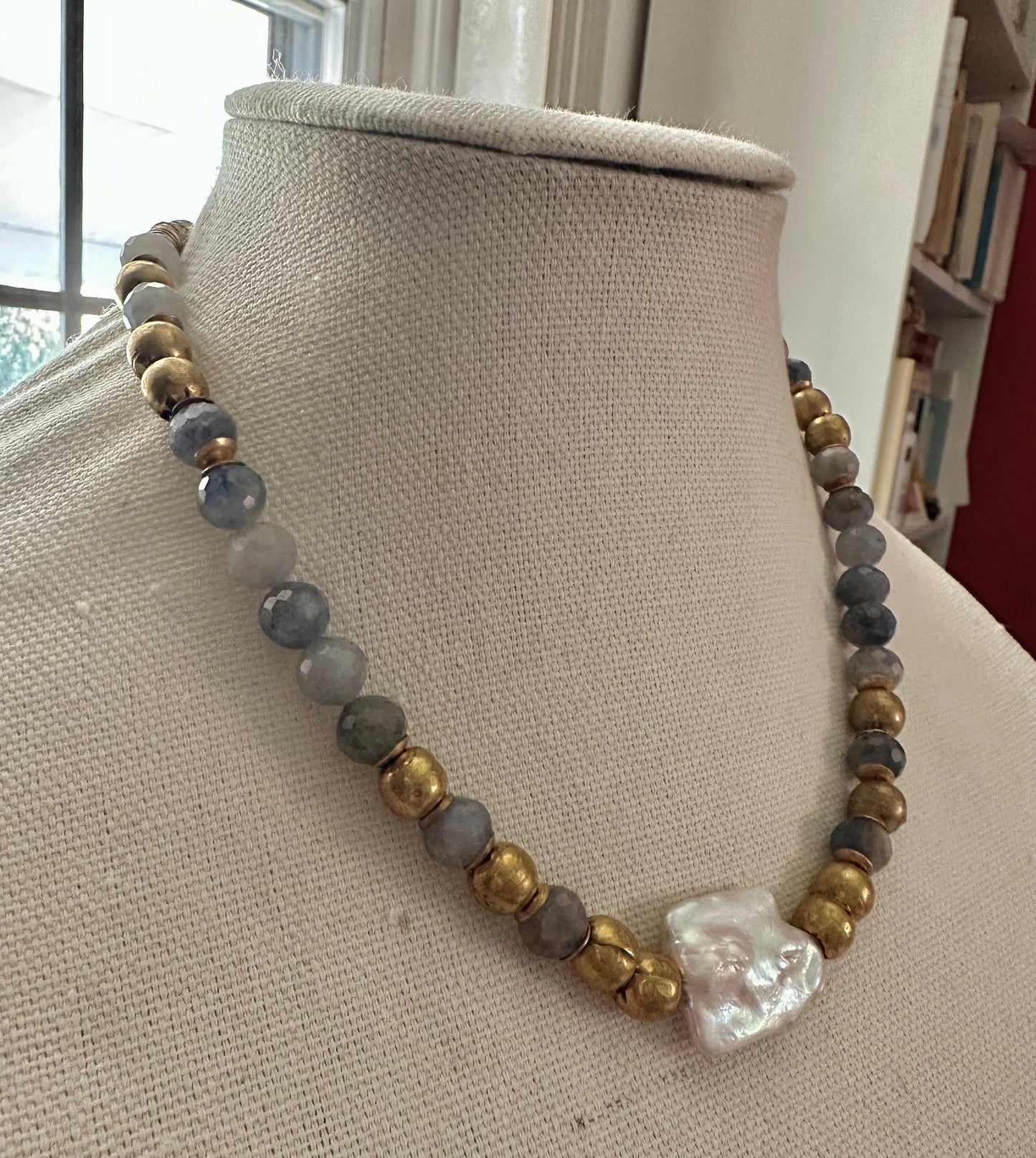 Natural Baroque pearl, micro faceted Lolite and Brass necklace