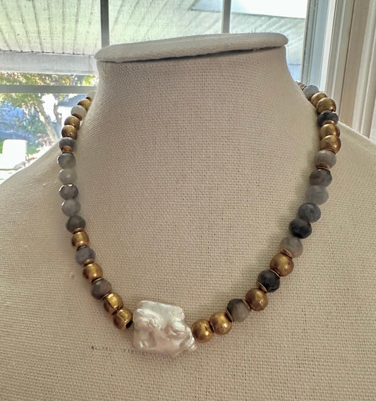 Natural Baroque pearl, micro faceted Lolite and Brass necklace