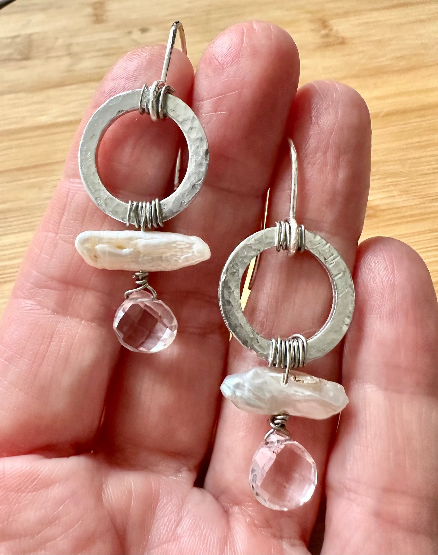 Freshwater peal, Rose Quartz earrings.