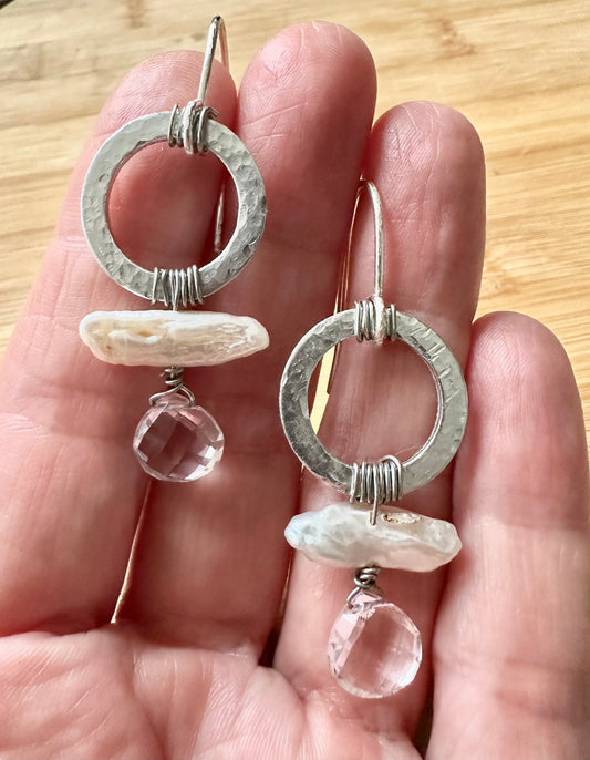 Freshwater peal, Rose Quartz earrings.